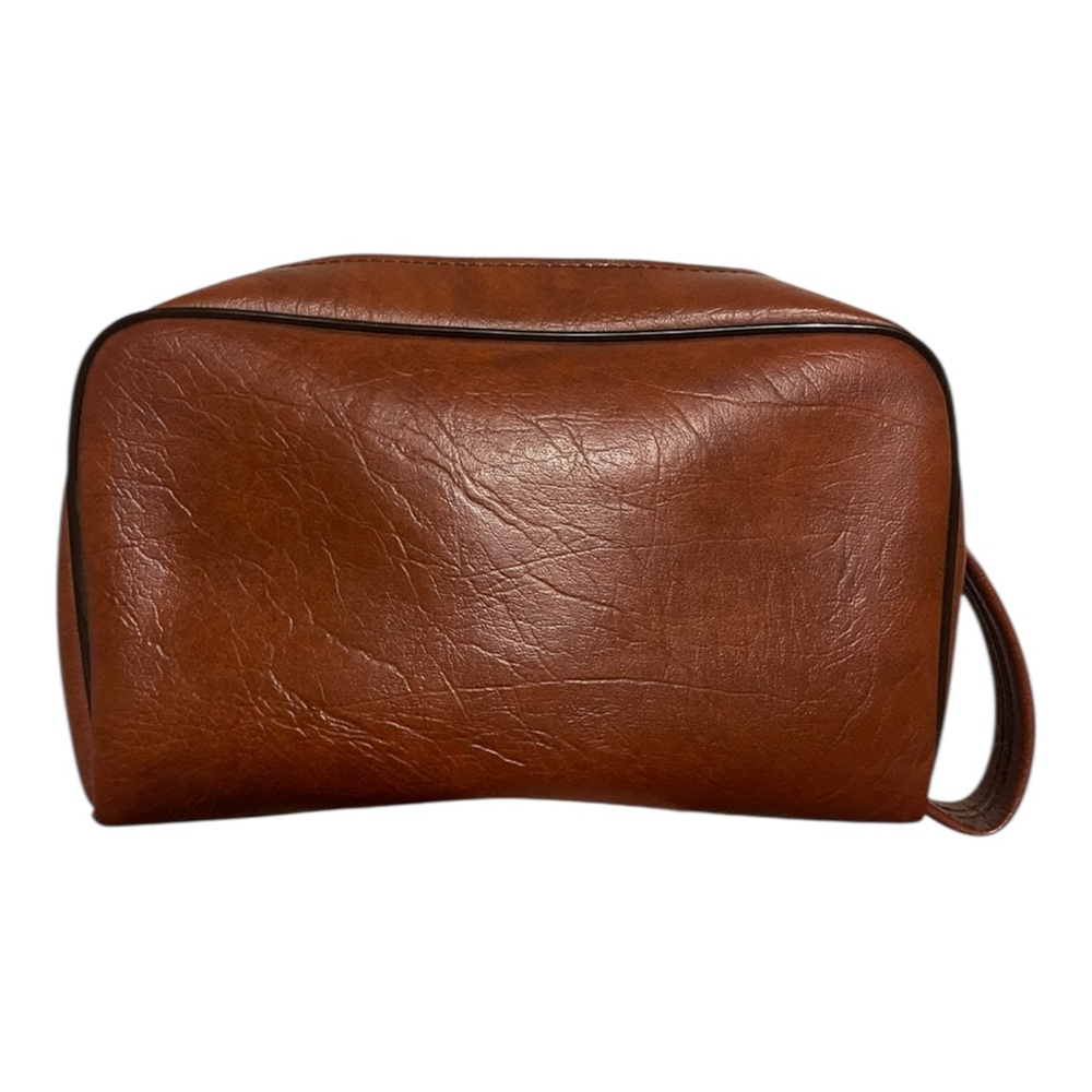 Cognac Brown Toiletry Bag Vegan Grain Leather with Handle and Zipper